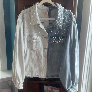 POL Two-Tone Pearl Embellished Jean Jacket